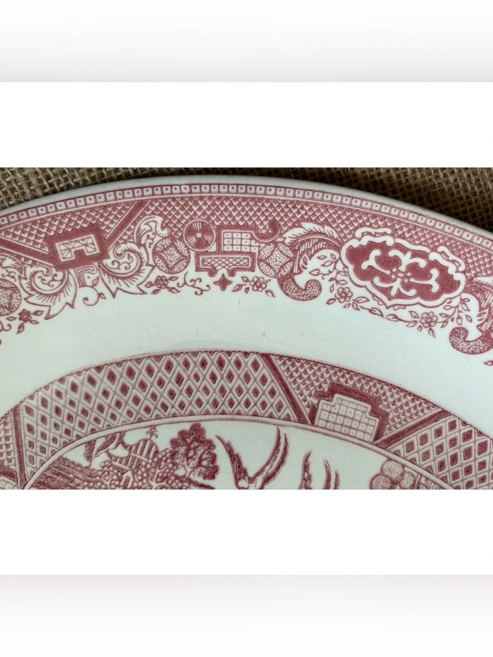 Red Or Pink Willow Transferware Oval Serving Platter Chinoiserie Landscape FLAWS